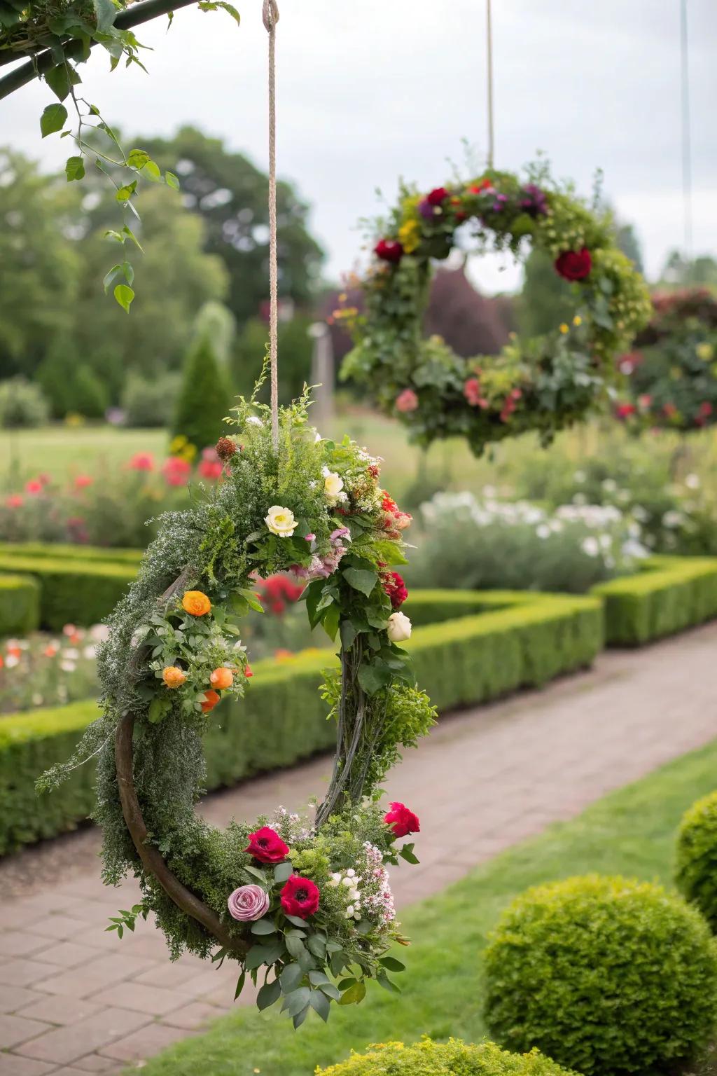 Hanging wreaths add a natural and elegant touch to the garden ambiance.