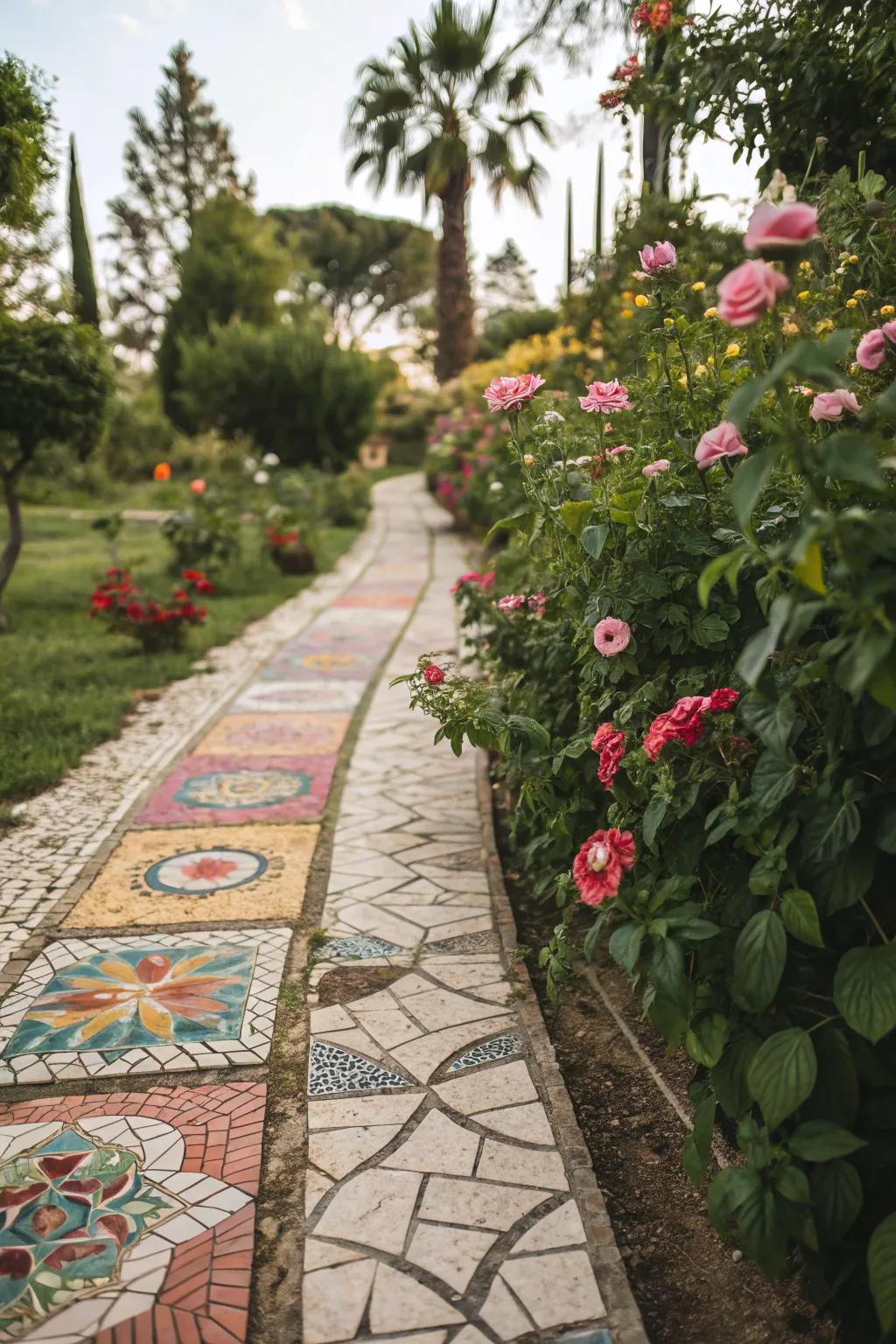 Mosaic accents introduce artistic flair to garden designs.