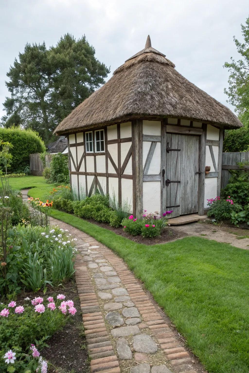 An elegant Tudor-style garden tool shed.
