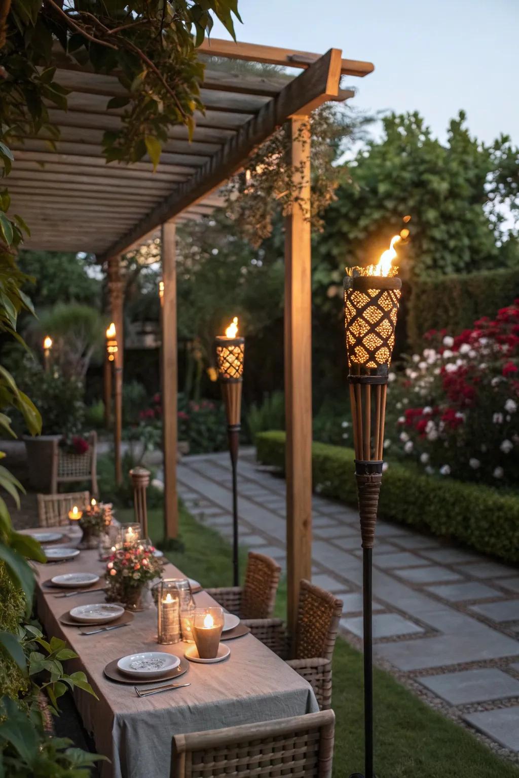 Torches around a pergola set the stage for intimate gatherings.