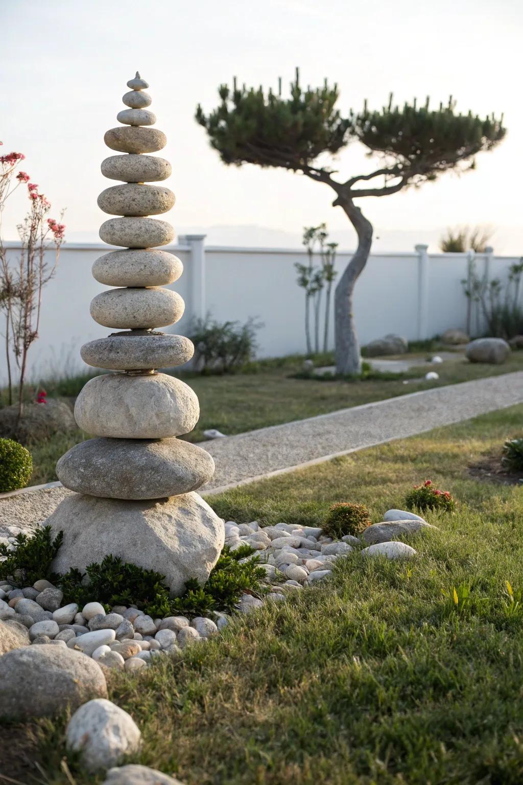 Stone stacks offer a minimalist, Zen-like aesthetic to garden spaces.