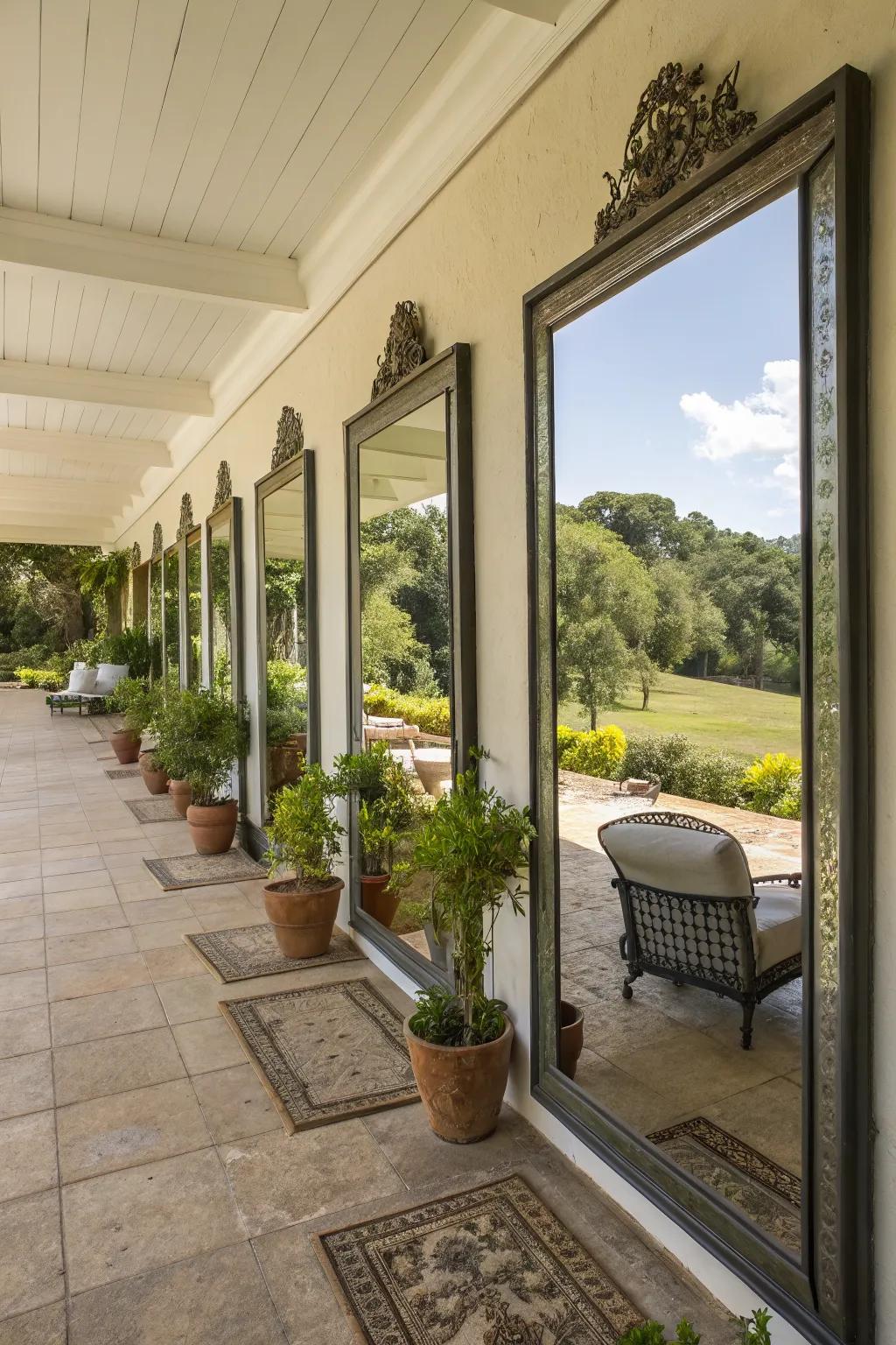 Mirrors on a veranda create an illusion of space and light.