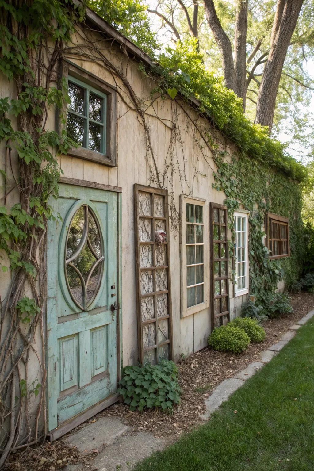 Salvaged doors and frames add vintage charm to garden walls.