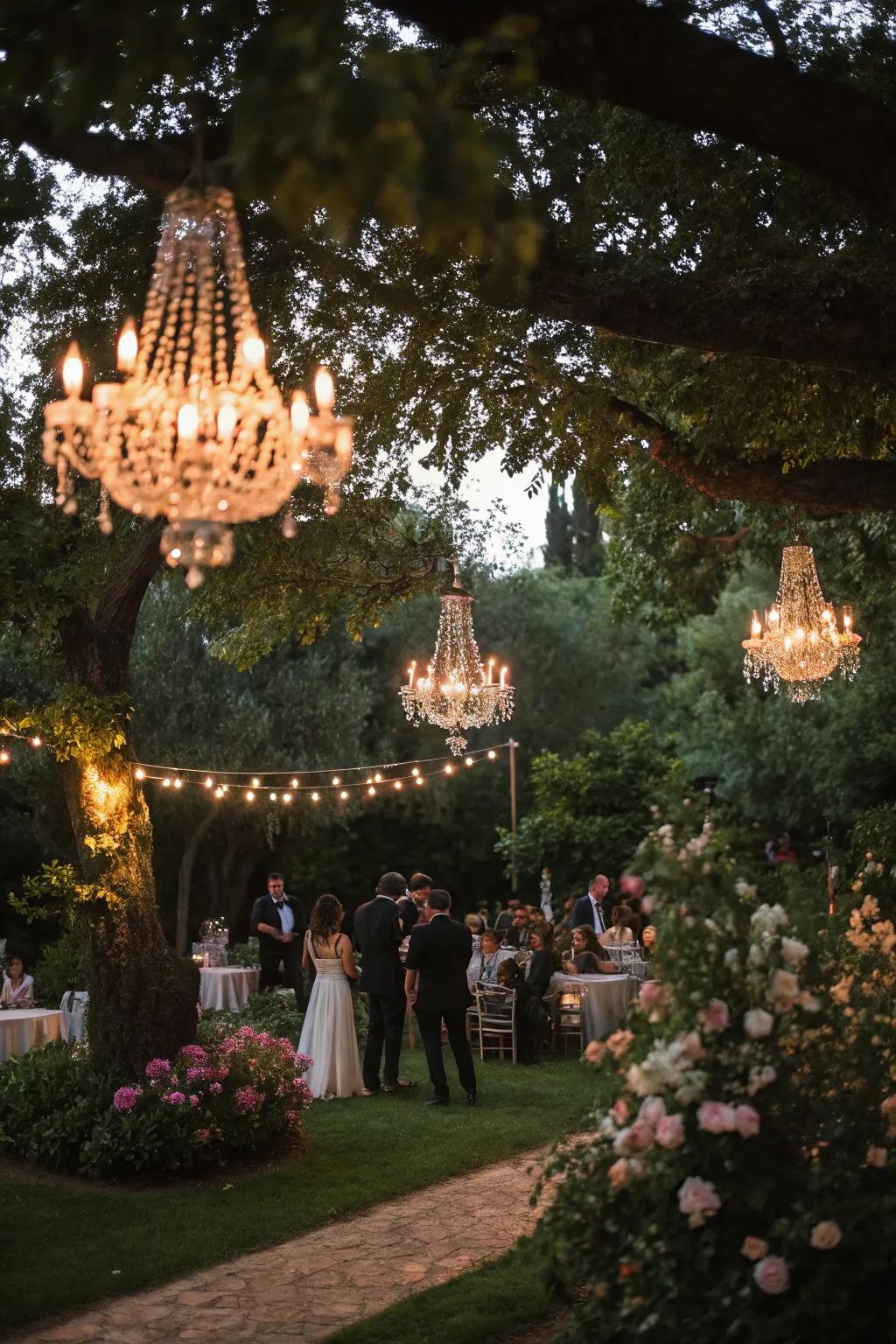 Chic chandeliers adding glamour to the outdoor wedding setting.