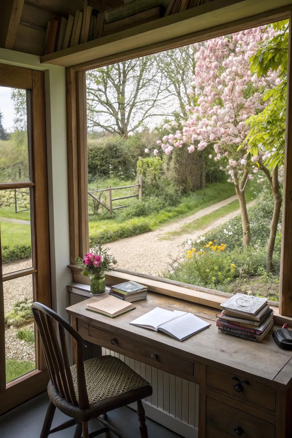 A peaceful writing haven in a garden workshop setting.