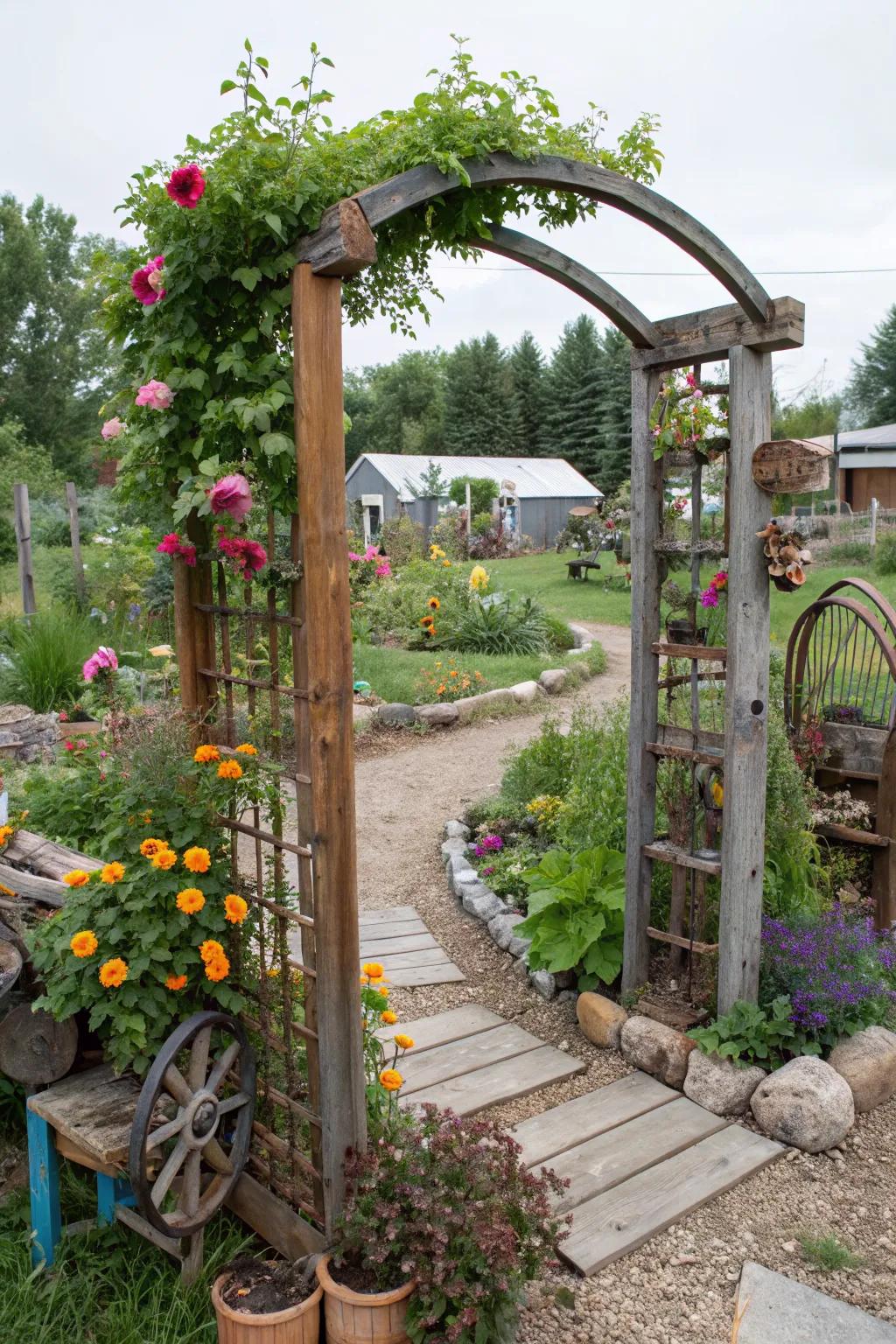 A recycled materials arbor offers sustainability and a unique aesthetic.
