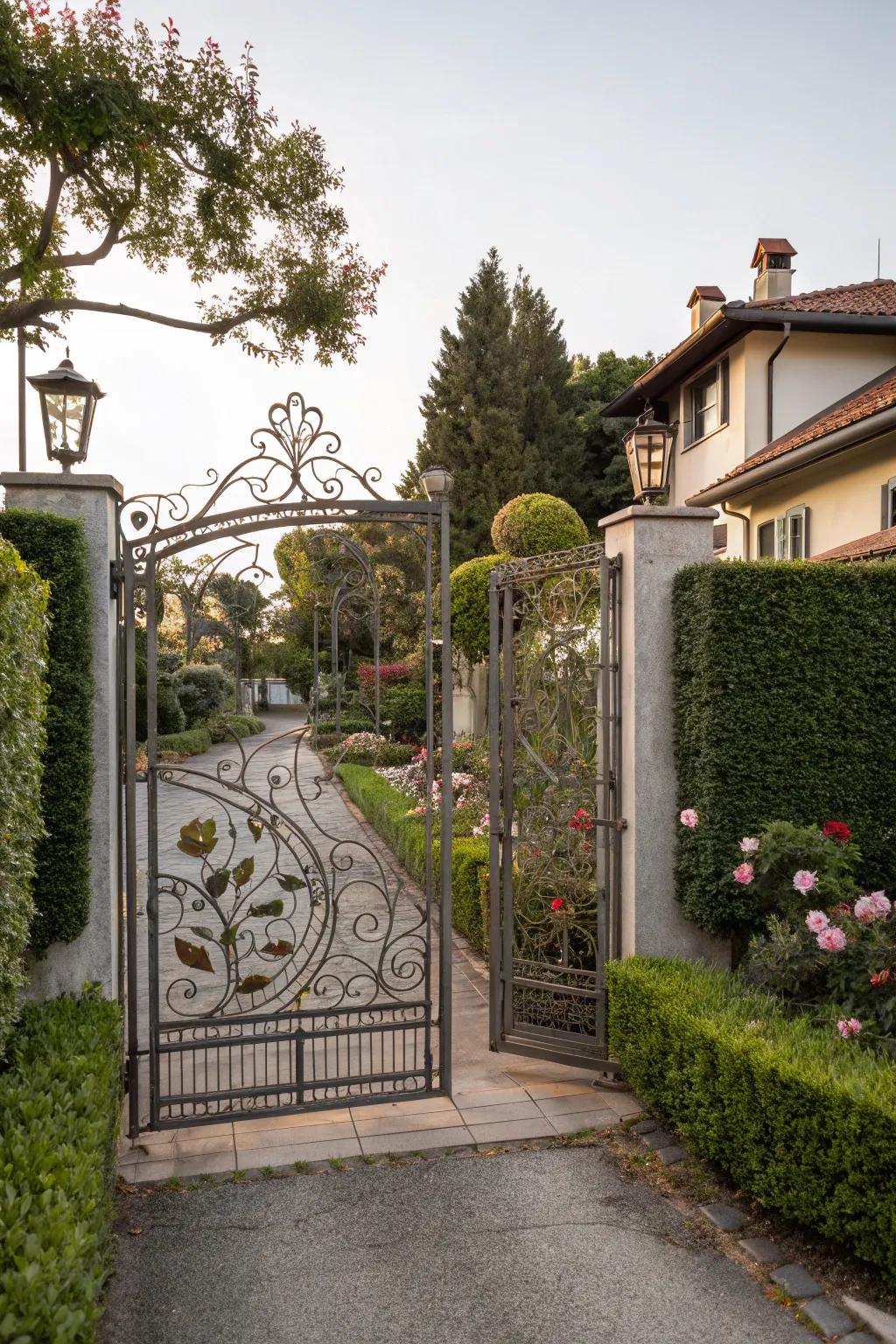Artistic metalwork transforms this gate into a masterpiece.