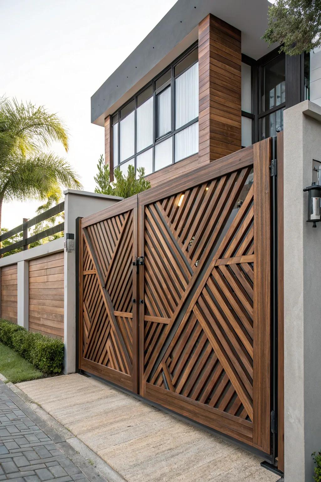 Geometric wood gates add a contemporary flair to your entrance.