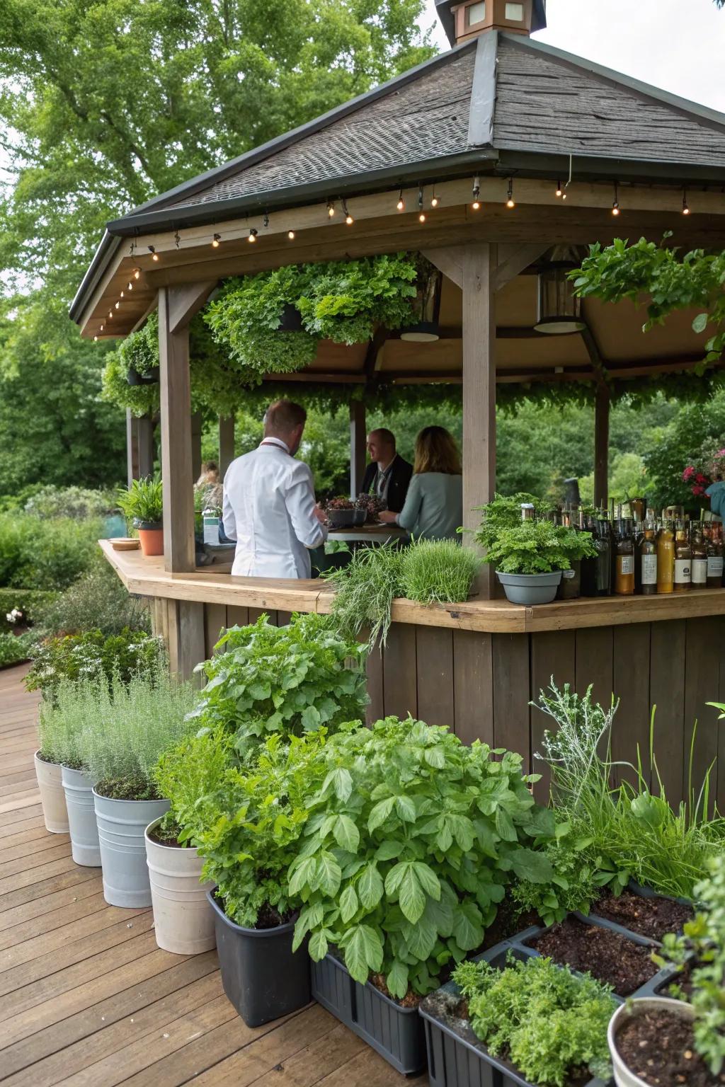 An interactive garden bar in a gazebo, perfect for herb garnish enthusiasts.