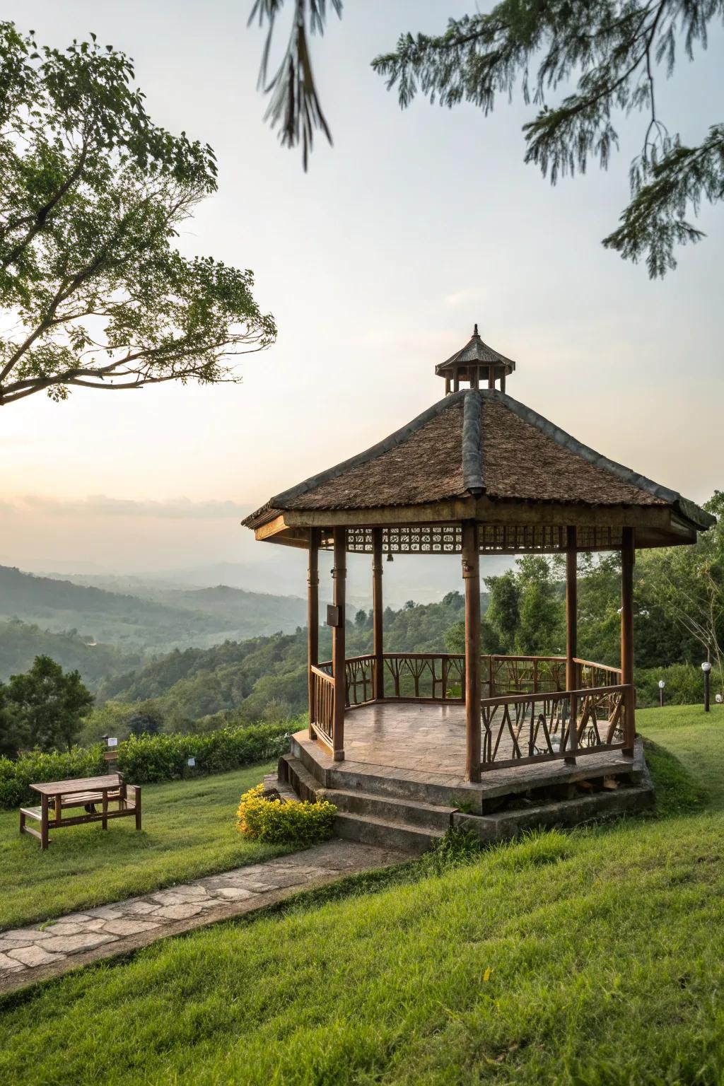 A raised platform elevates this gazebo, offering stunning views.