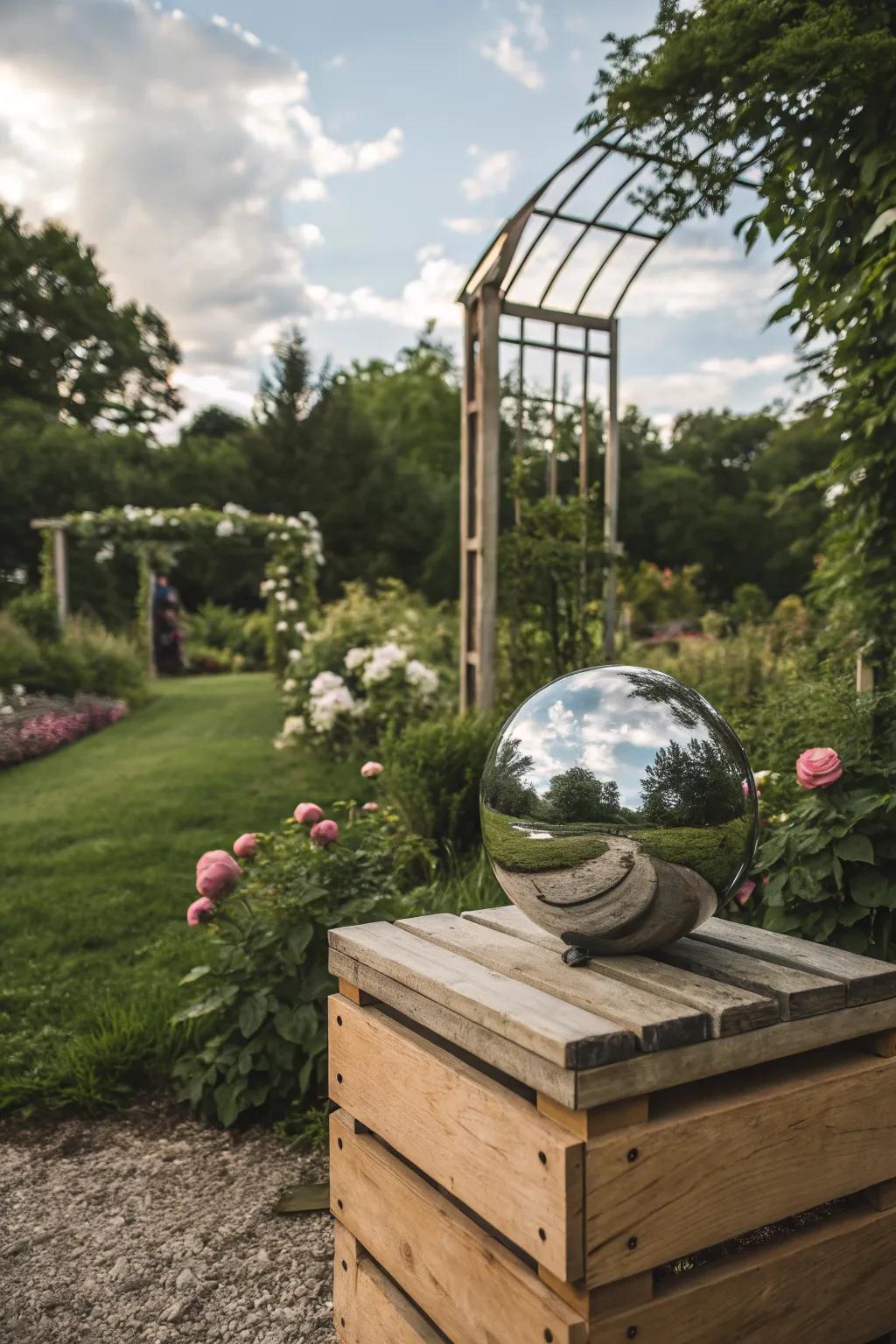 A DIY wooden crate stand offers a rustic charm to the garden.