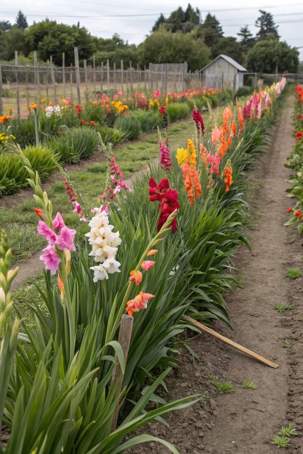 Gladiolus rows in a cutting garden provide fresh flowers.