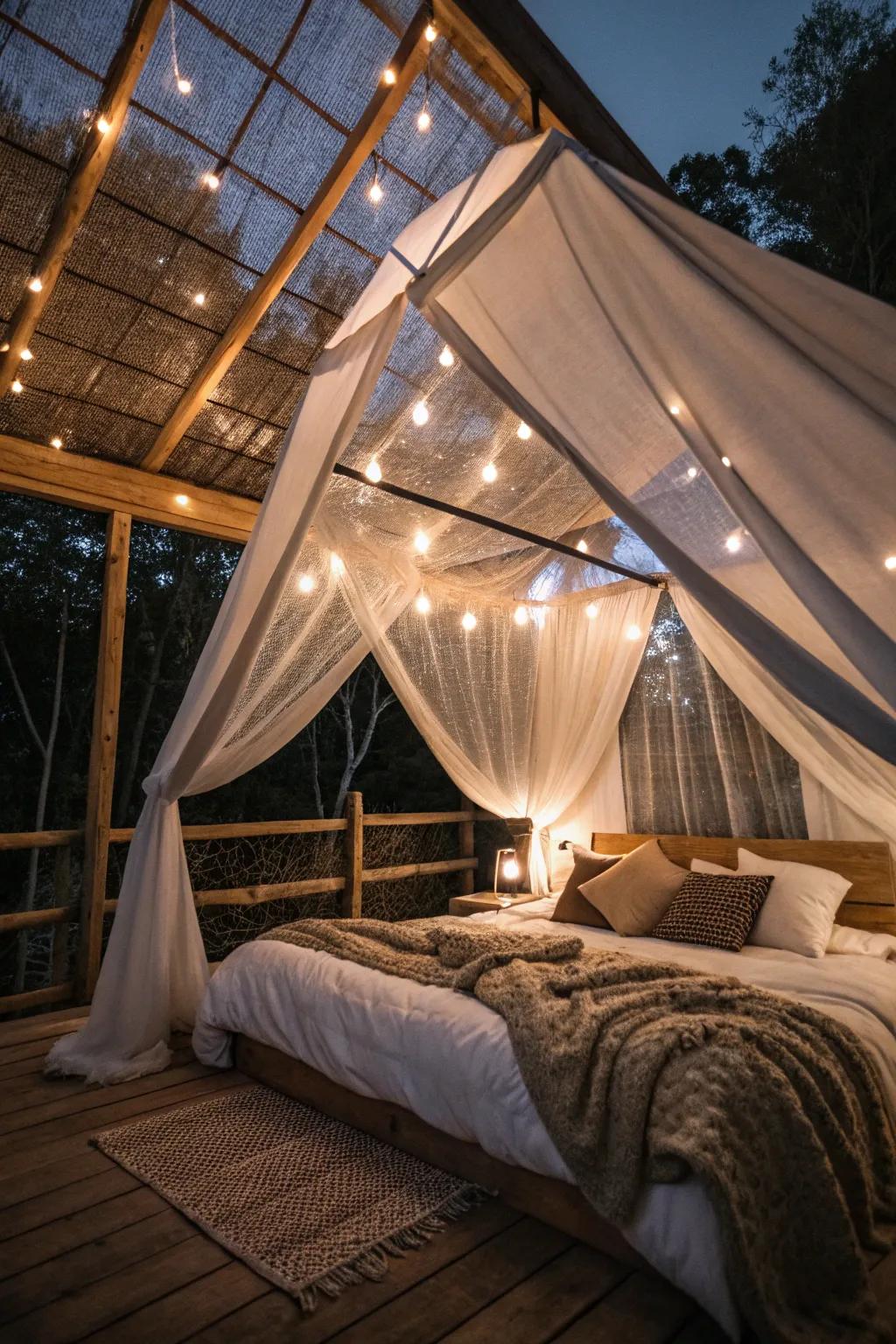 A canopy adds a touch of elegance and romance to your glamping bed.