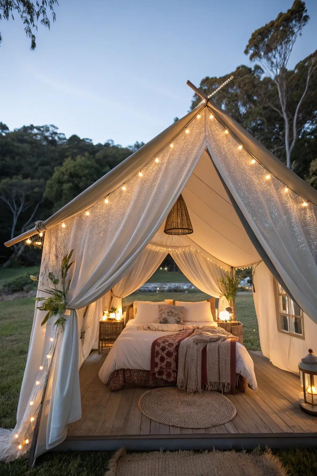 A hanging canopy adds a whimsical and romantic touch.