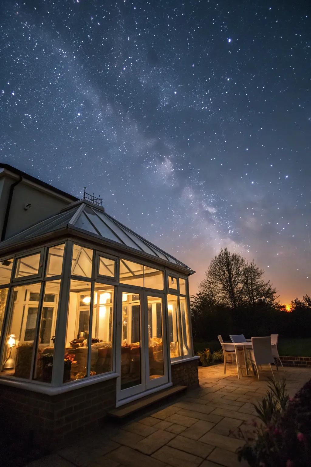 A glass porch with a full glass roof, perfect for stargazing.