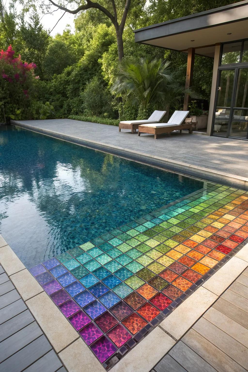 Jewel-toned glass tiles create an opulent pool experience.