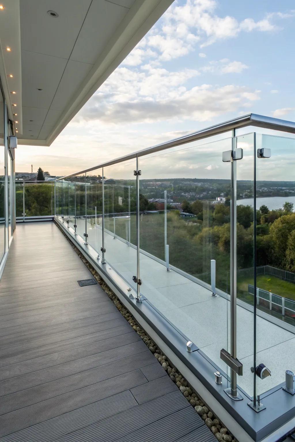 Floating glass railings adding a futuristic touch to a modern deck.
