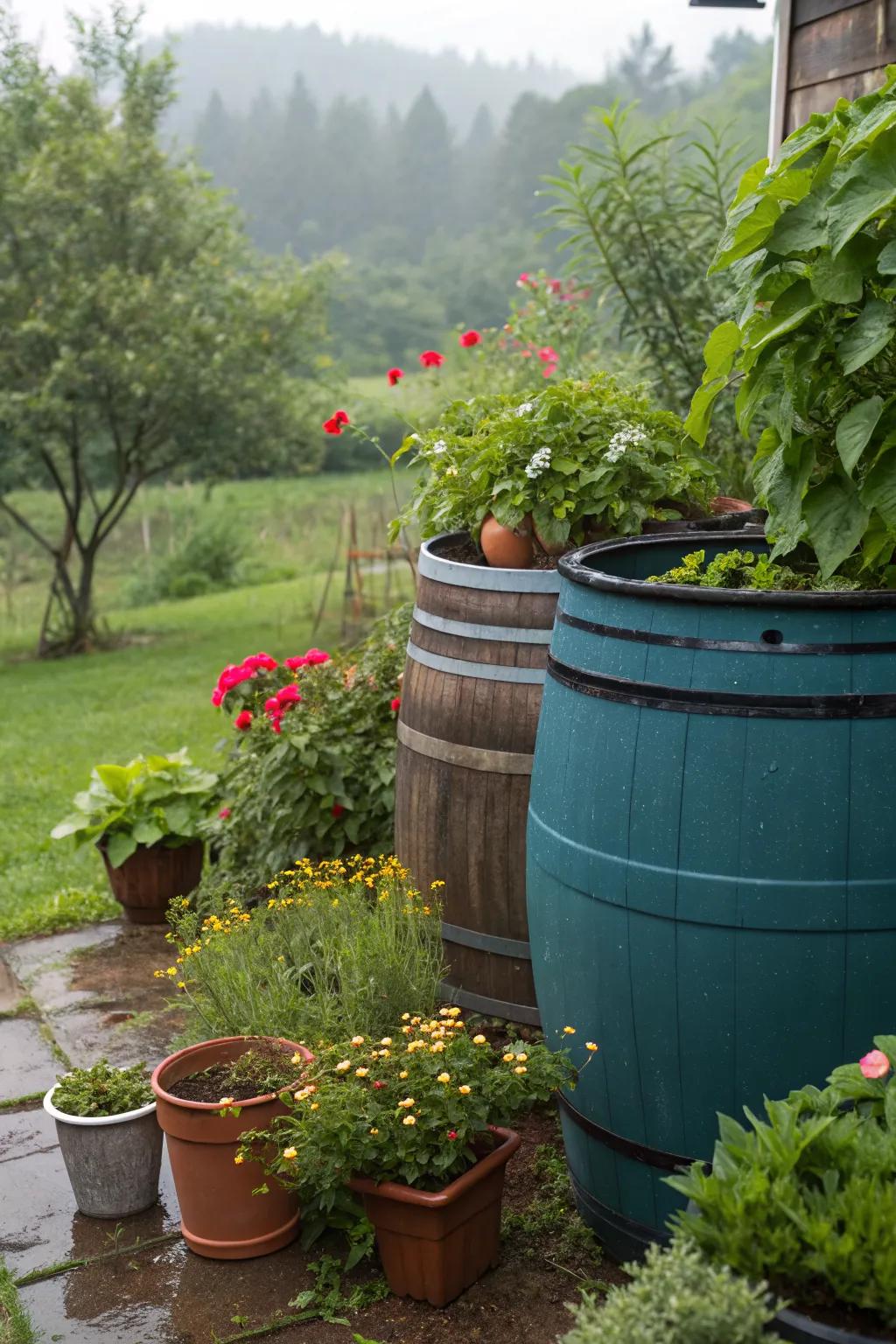 Rain barrels beautifully camouflaged with potted plants