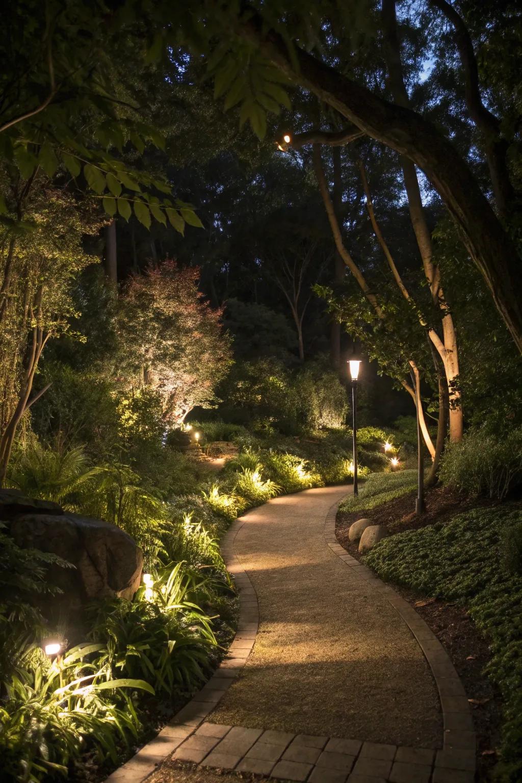Subtle lighting transforms the garden into a mystical space.