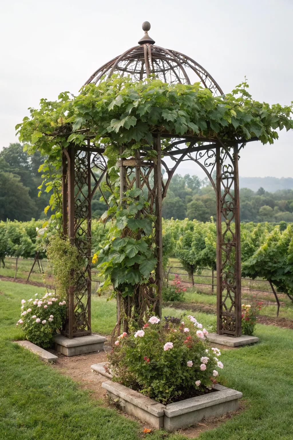 A freestanding trellis sculpture adding unique character to a garden.