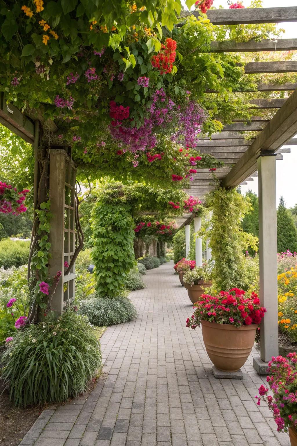 A pergola with vertical gardens, offering a lush and dynamic look.