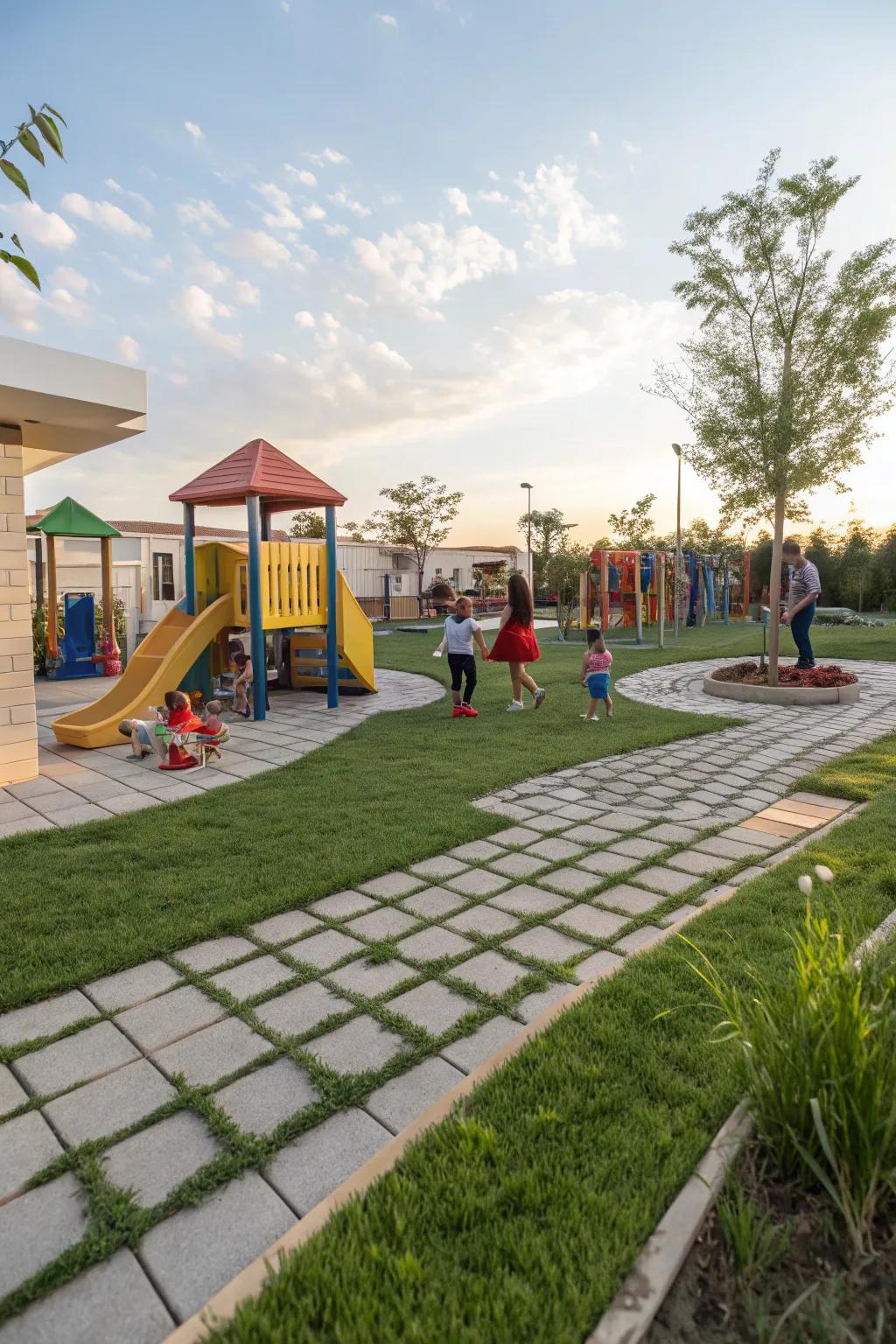 Blend fun and safety in children's play areas with grass and pavers.