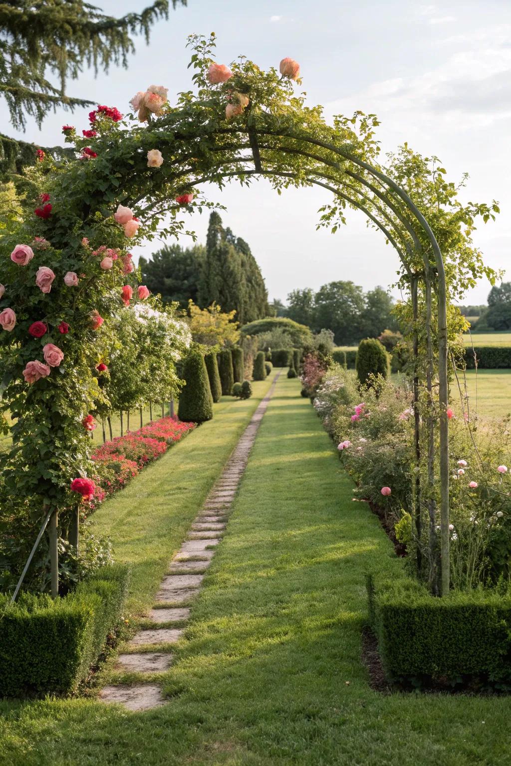 An inviting grassy path leading to a garden archway.