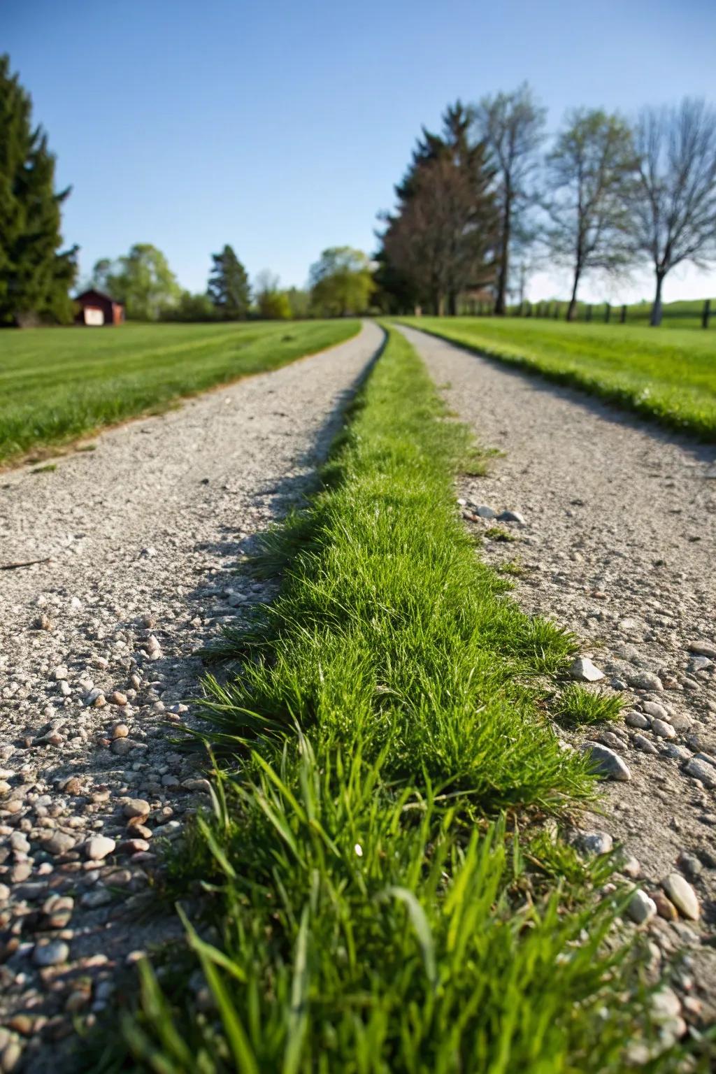 A grass strip adding greenery and drainage to a gravel driveway.