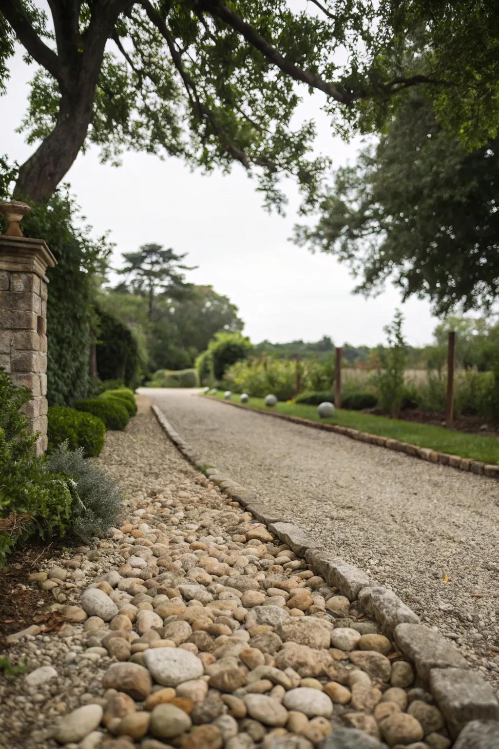 Natural stone adds rustic charm to driveway borders.