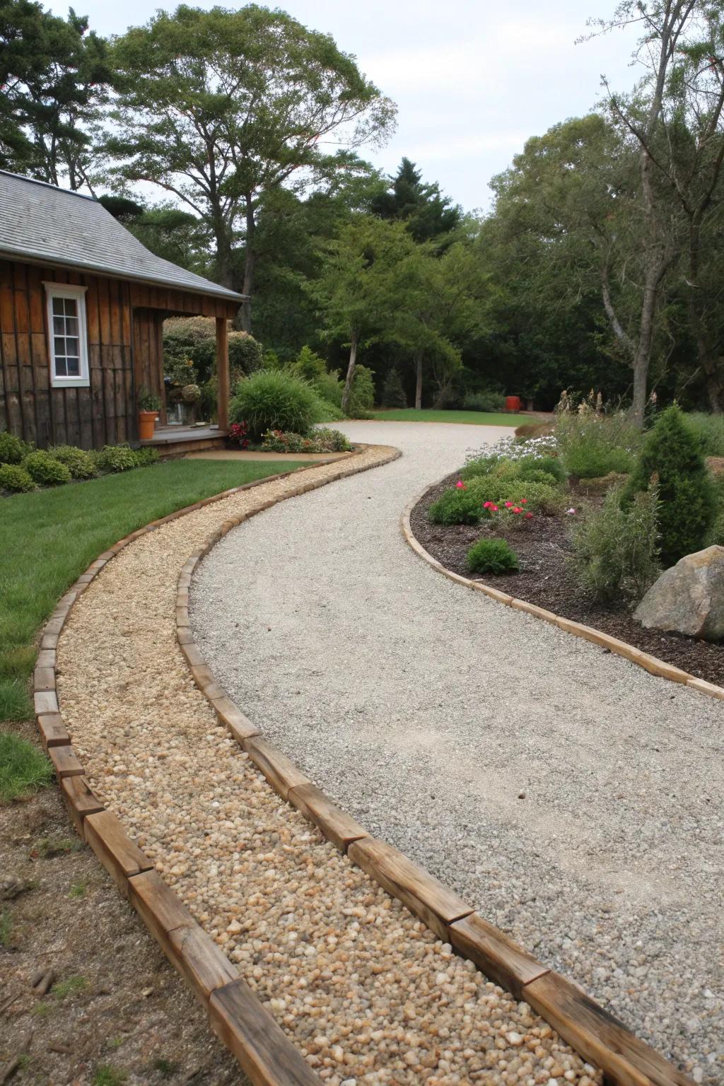 A rustic gravel driveway with natural wood edging.