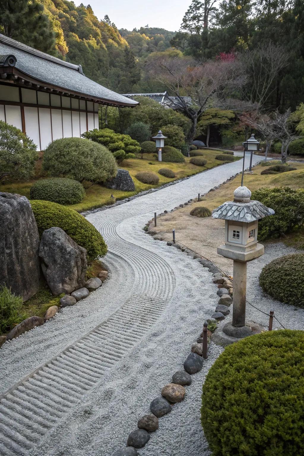 A Zen-inspired gravel path that invites relaxation and reflection.