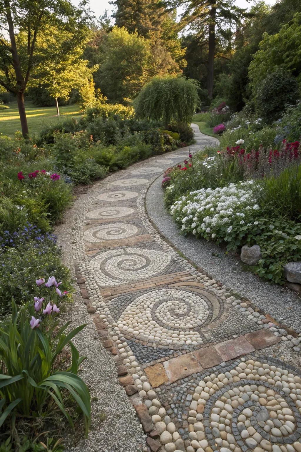 An artistic gravel path with decorative pebble accents