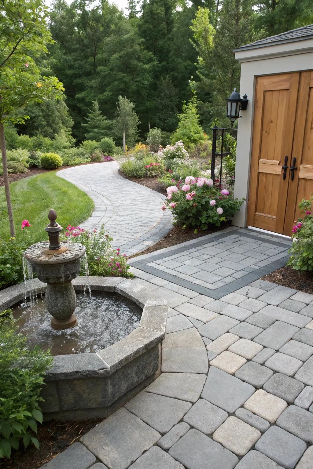 An integrated water feature brings tranquility to a gray paver patio.