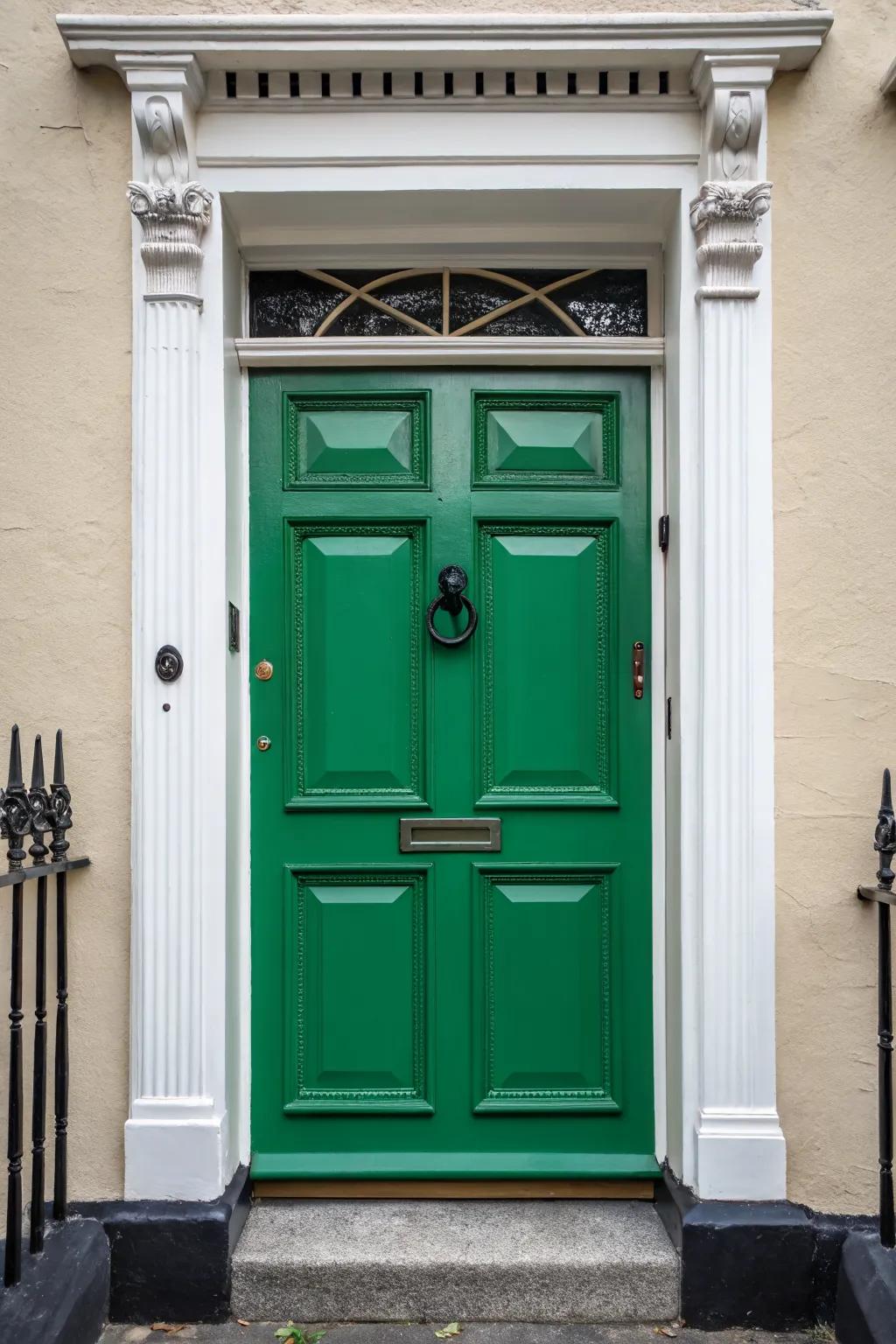 Contrasting trims enhance the visual impact of a green door.