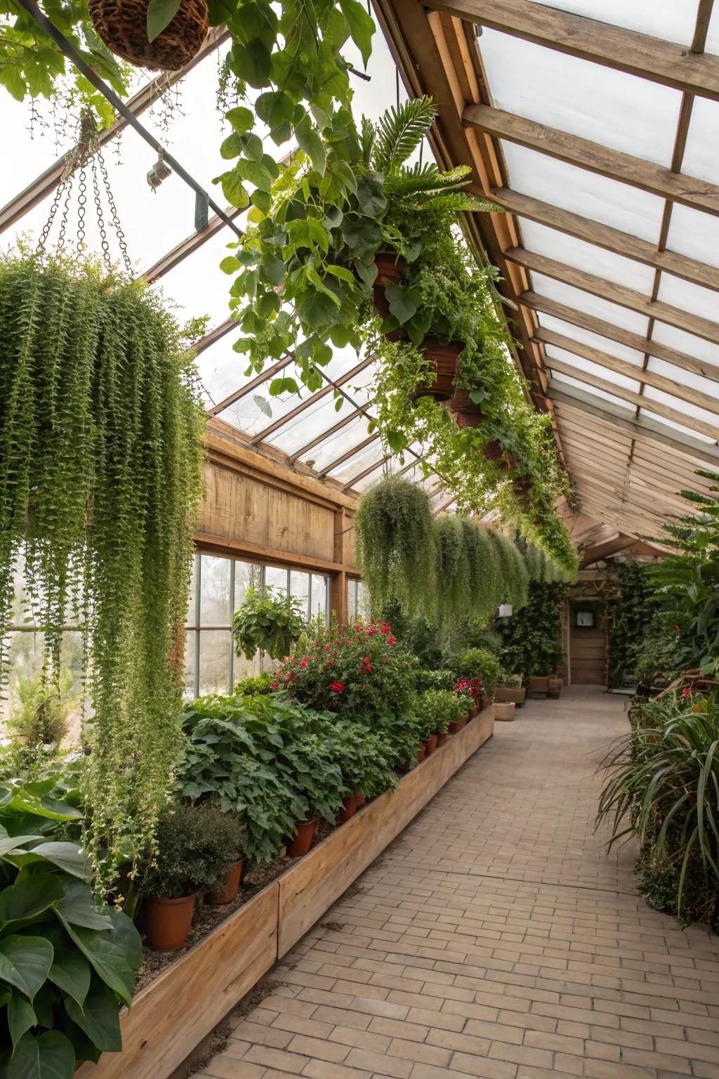 Lush hanging gardens inside the greenhouse.