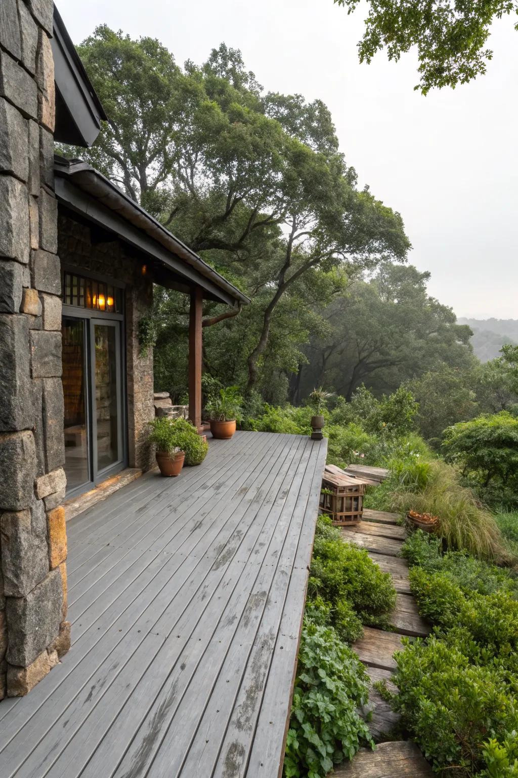 A blend of rustic and modern on a grey deck, adding warmth and character.