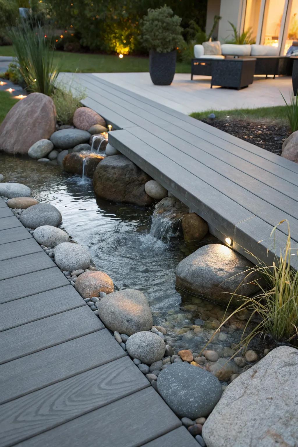 A water feature adds tranquility and elegance to the deck.
