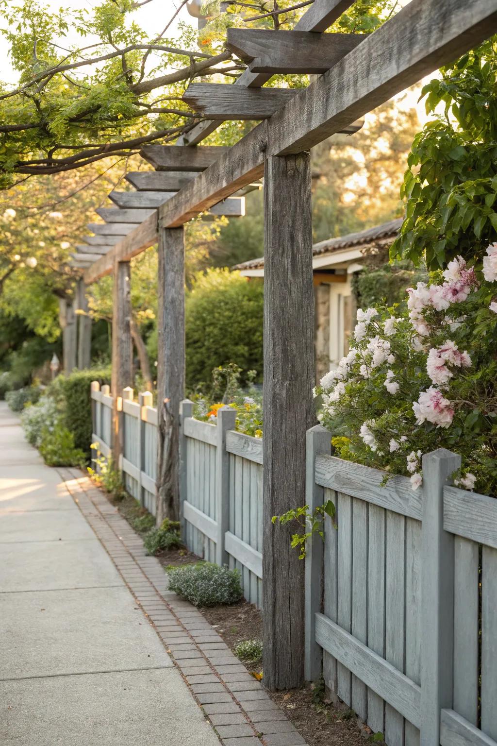 Blend rustic charm with elegant grey fencing.