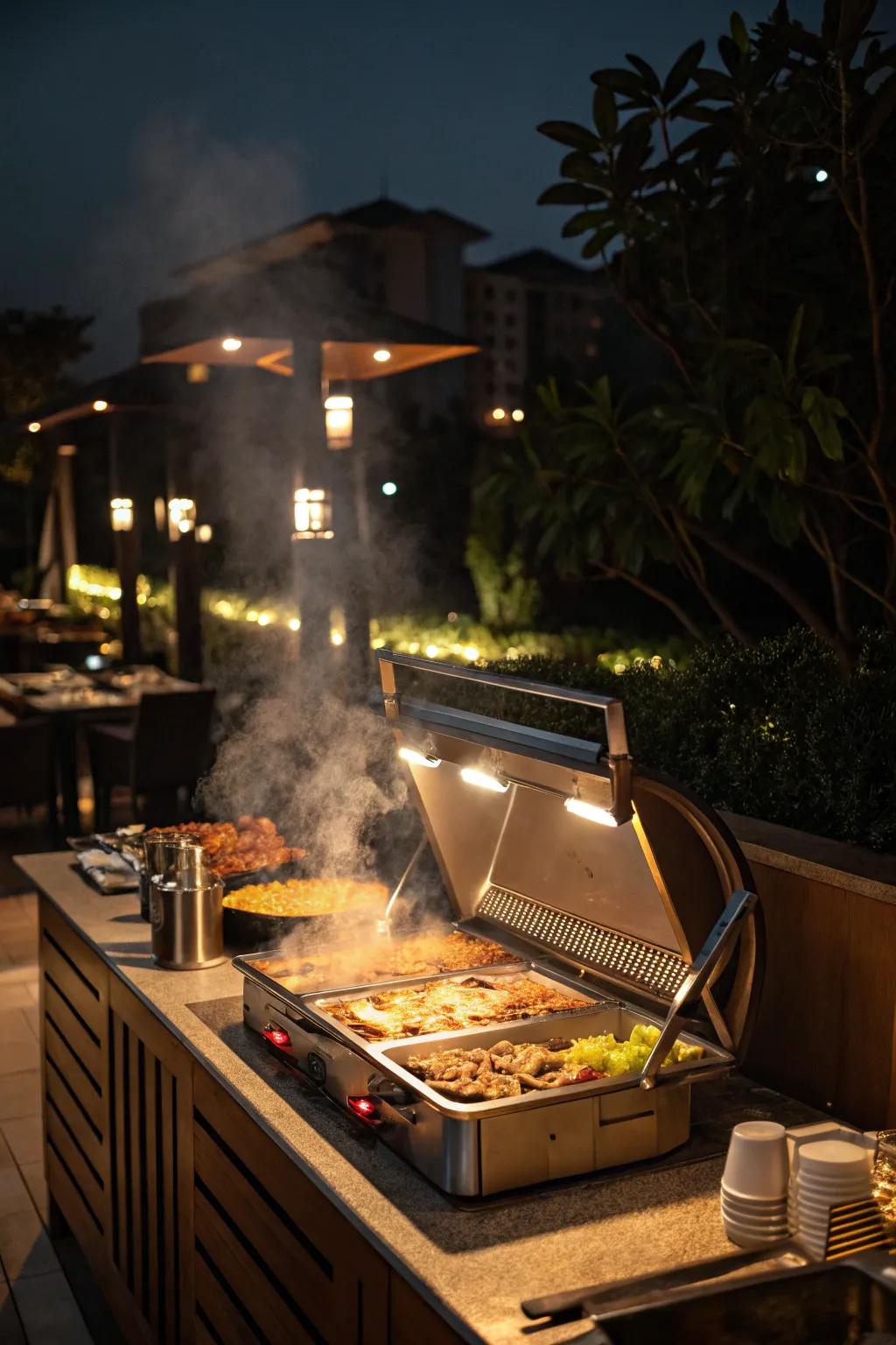 A grill station illuminated by soft, ambient lighting.