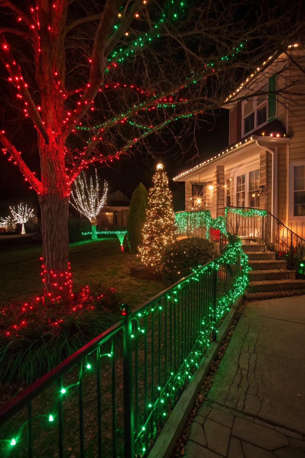 Vibrant lights in Grinch-themed colors bring a festive glow to the yard.