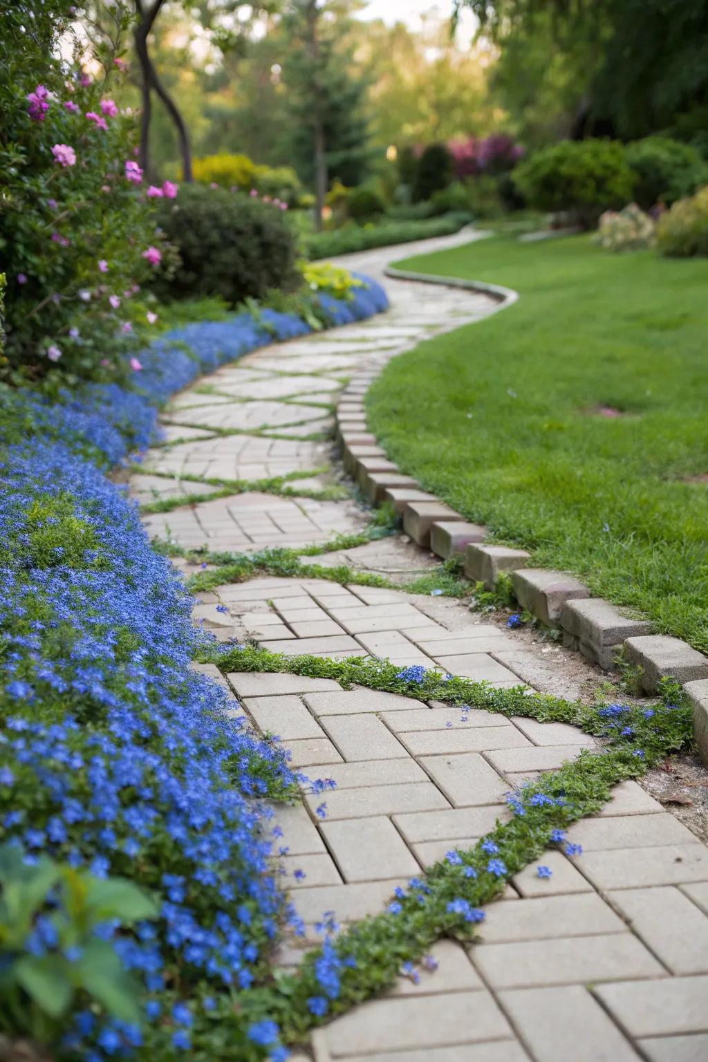 Garden path with delicate blue star creeper filling gaps between pavers