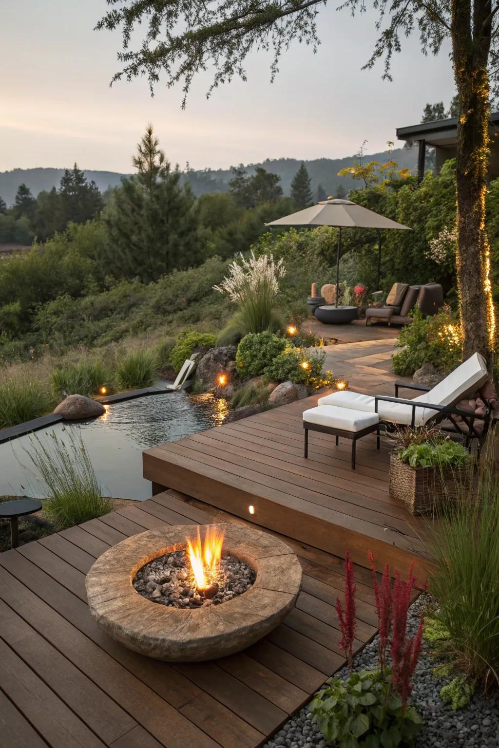 A water feature adds tranquility to the deck.