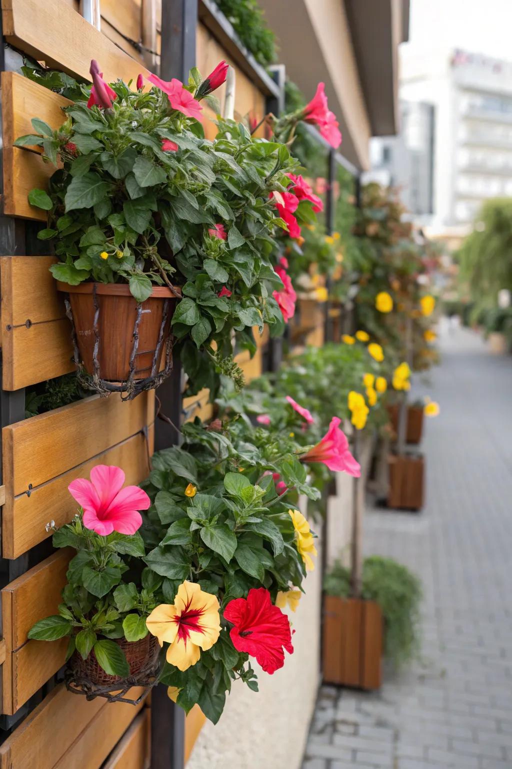 Vertical garden wall adorned with vibrant hibiscus pots.