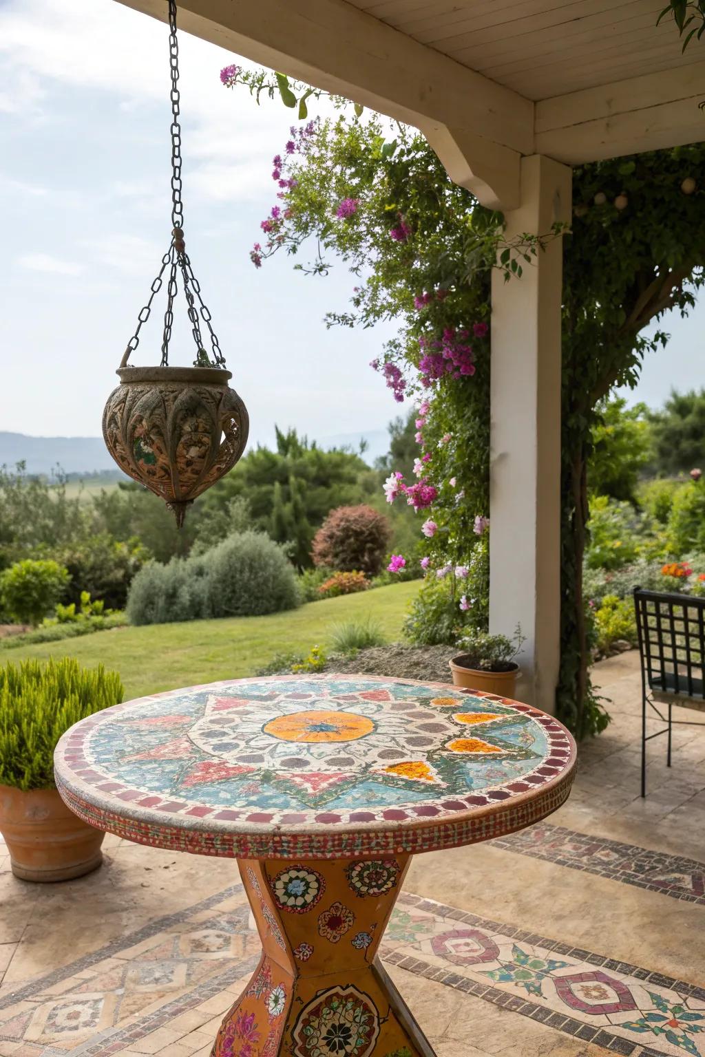 Unexpected art pieces create focal points on the patio.