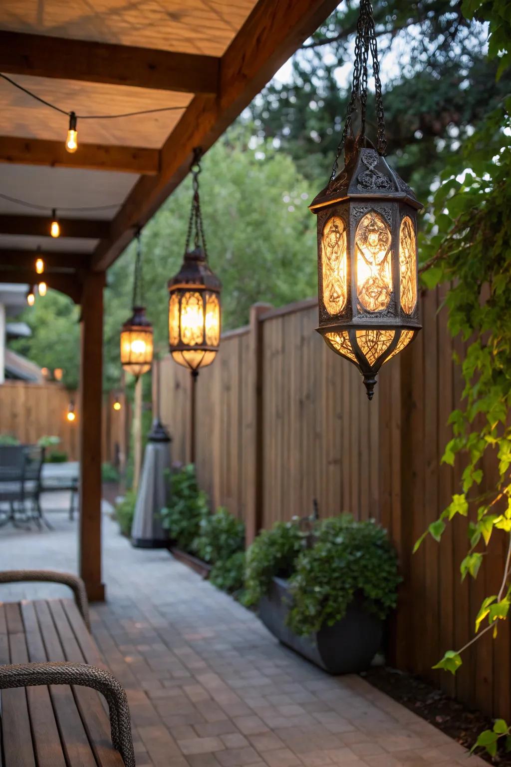 Lanterns add ambiance and charm to the patio.