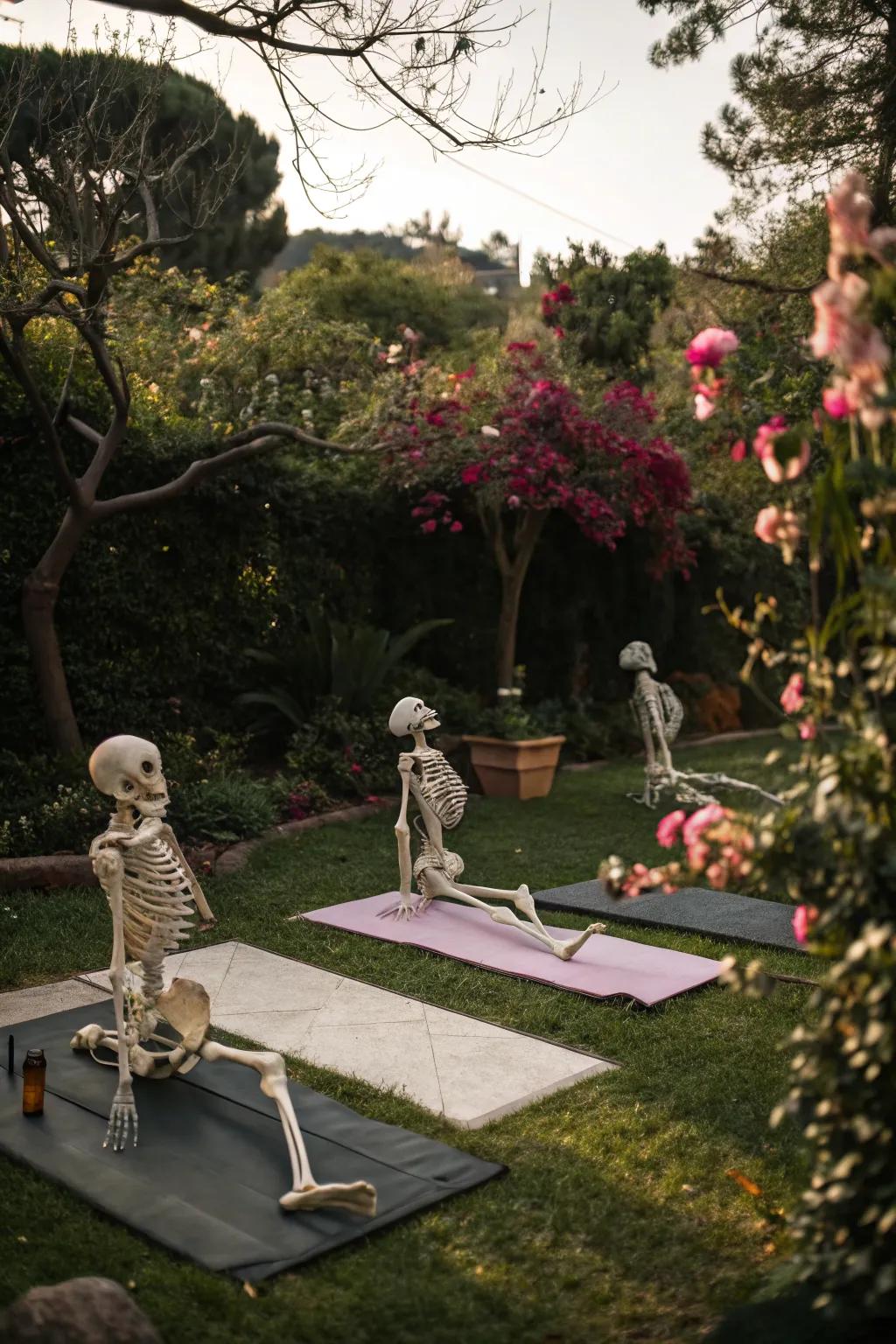 Yoga skeletons offer a peaceful yet spooky vibe to your Halloween setup.