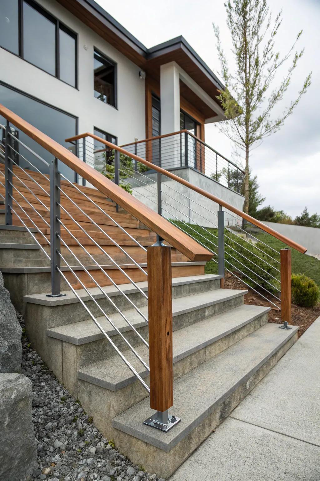 Mixed materials create a versatile and stylish handrail.
