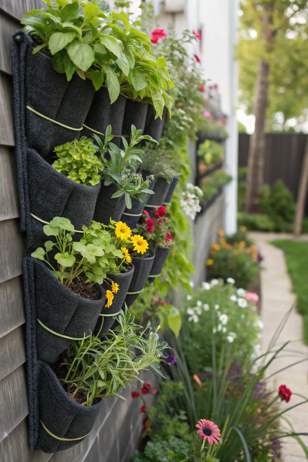 Felt pockets form a modular vertical garden rich with herbs and blooms.