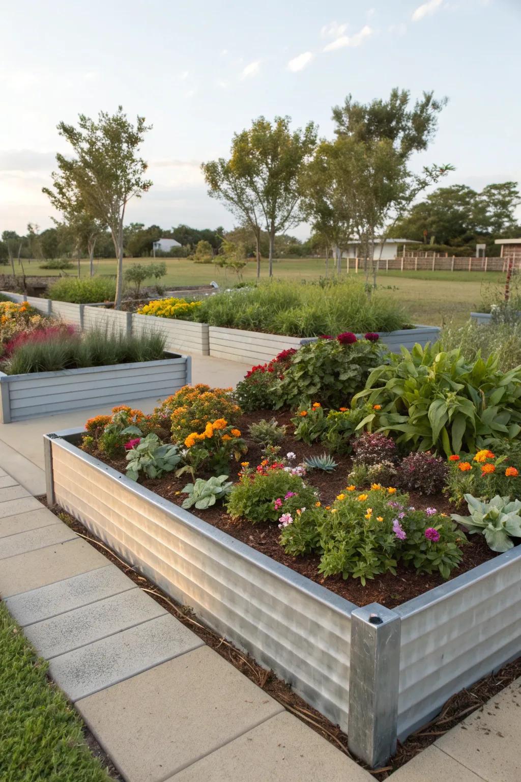 Metal edging provides a sleek, modern definition to garden spaces.