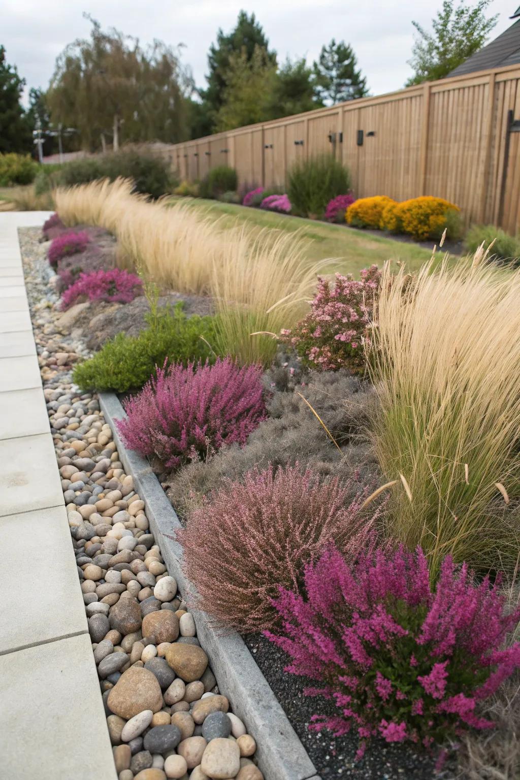 Heathers and ornamental grasses for texture and movement.